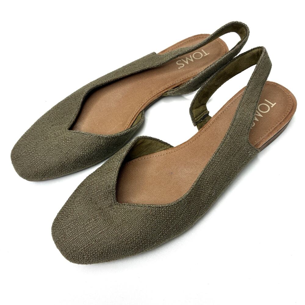 Toms Olive Green Textured Sling Back Flats Sandal Womens 8